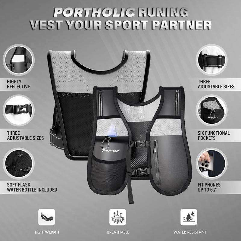 PORTHOLIC Running Vest for Women Men with 470Ml/17Oz Water Bottle |Adjustable Hydration Vest|Reflective |Lightweight |6 Pockets |Breathablefor Running Accessories for Hiking Running