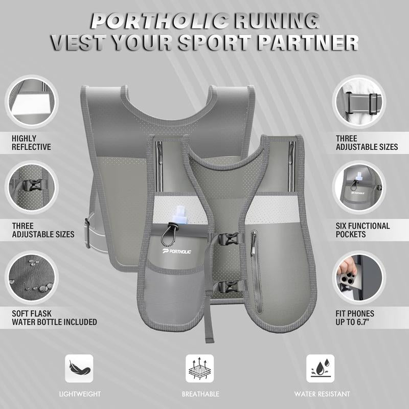 PORTHOLIC Running Vest for Women Men with 470Ml/17Oz Water Bottle |Adjustable Hydration Vest|Reflective |Lightweight |6 Pockets |Breathablefor Running Accessories for Hiking Running
