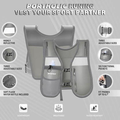 PORTHOLIC Running Vest for Women Men with 470Ml/17Oz Water Bottle |Adjustable Hydration Vest|Reflective |Lightweight |6 Pockets |Breathablefor Running Accessories for Hiking Running