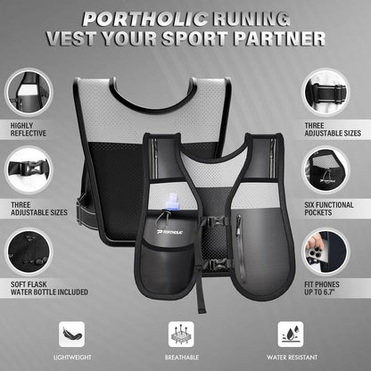PORTHOLIC Running Vest for Women Men with 470Ml/17Oz Water Bottle |Adjustable Hydration Vest|Reflective |Lightweight |6 Pockets |Breathablefor Running Accessories for Hiking Running
