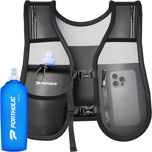 PORTHOLIC Running Vest for Women Men with 470Ml/17Oz Water Bottle |Adjustable Hydration Vest|Reflective |Lightweight |6 Pockets |Breathablefor Running Accessories for Hiking Running